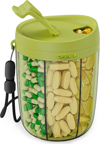 PULIV Large Pill Bottle Organizer for Holding 6 Various Vitamins without Filling Hassle, Supplement Organizer for Travel, Anti-Mixing Pill Box Case with Wide Opening for Easy Pill Retrieval, 20 Labels