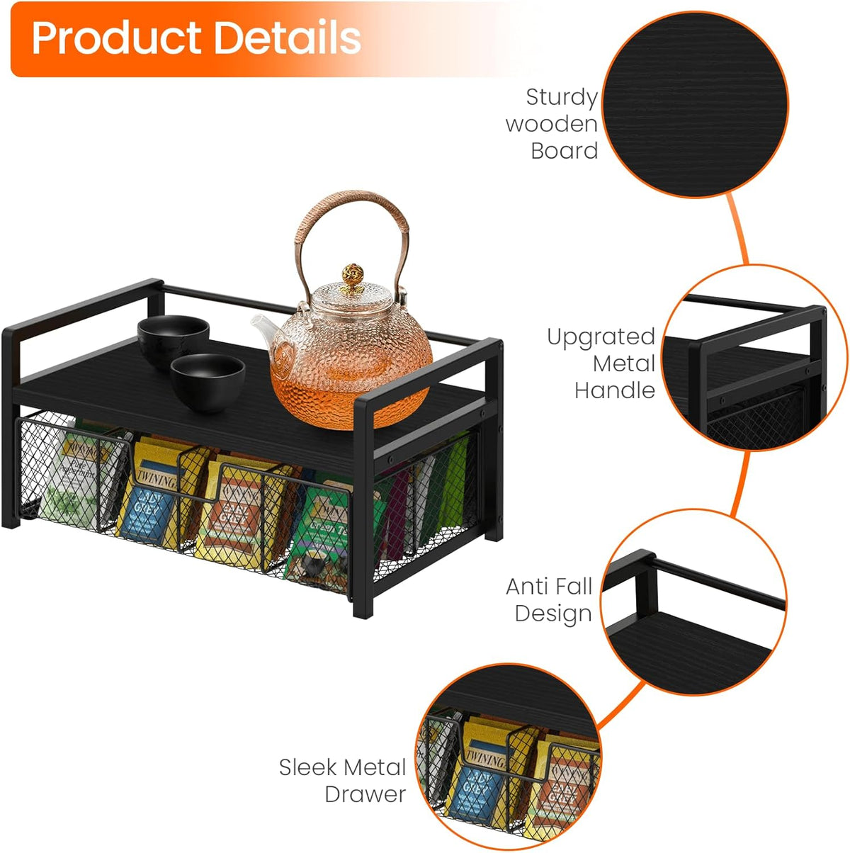 Homode Tea Bag Organizer, Wood Tea Organizers and Storage Chest, Teabag Holder with Storage Drawer,Tea Station Chest Display Container Box for Countertop Kitchen, Rustic Brown