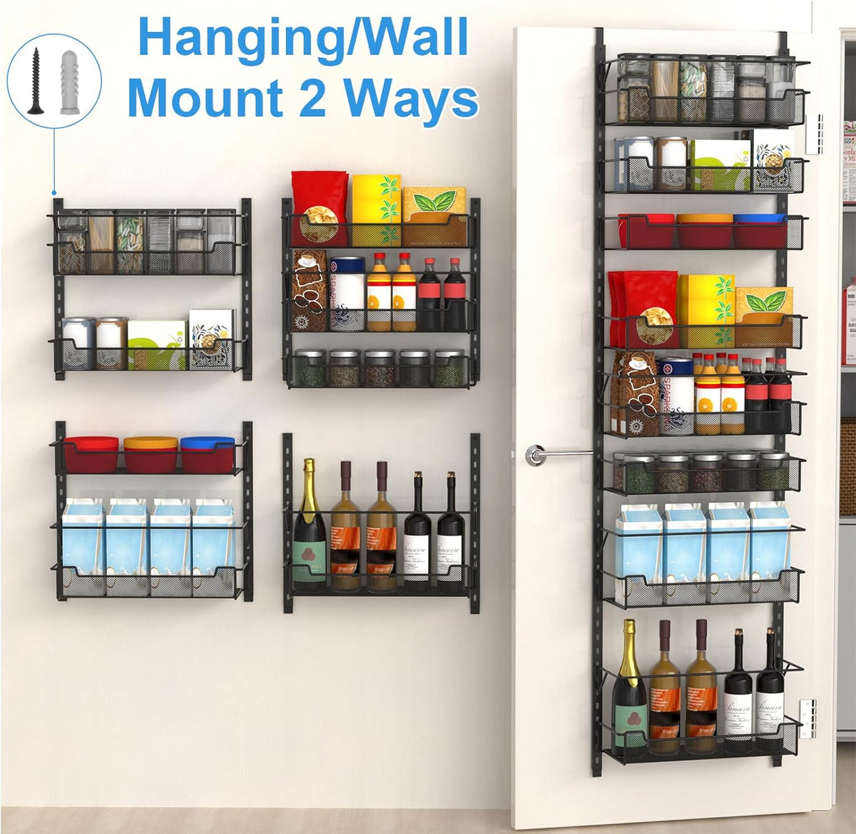 VyGrow 12.3" W Narrow Over the Door Pantry Organizer, 6-Tier Over the Door Organizer with Adjustable Basket, Pantry Door Organization for Pantry Kitchen Storage Room Spice Rack, White