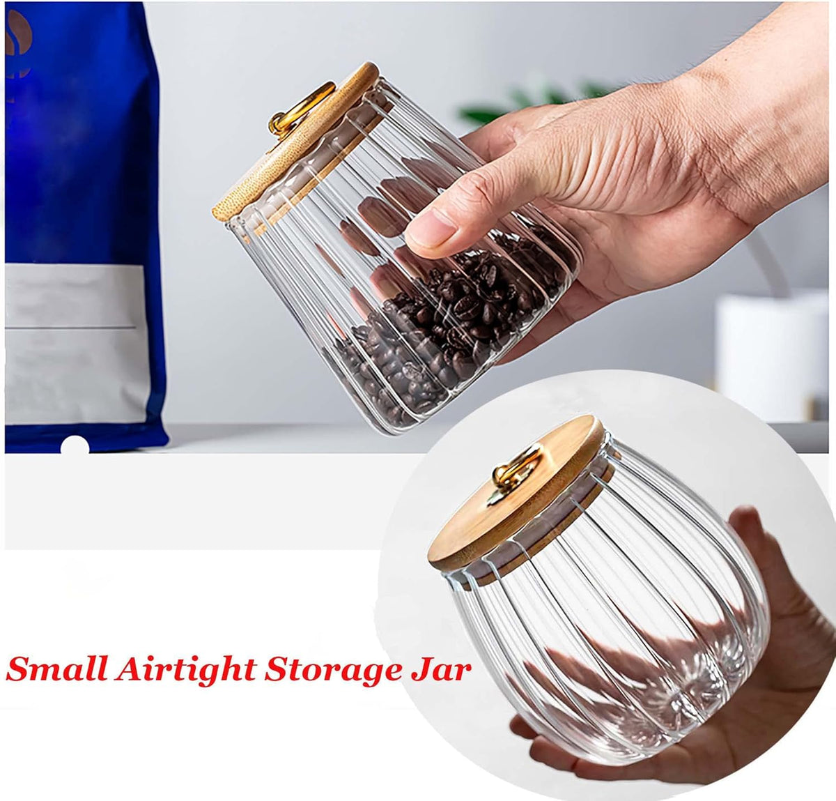 FANTESTICRYAN Glass Coffee Nuts Canister Airtight Storage Jar Petal Decorative Container with Bamboo Lid Metal Handle Easy to Grasp 700ml, 23 FL OZ