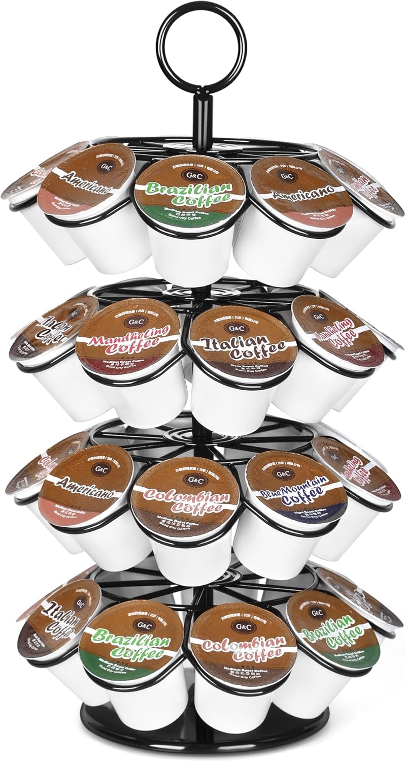 ROWISE K-Cup Pod Carousel Holder and Organizer for 36 Pods - Spins 360 Degrees, Detachable, Modern Metal Design in Black for Home and Office Counters
