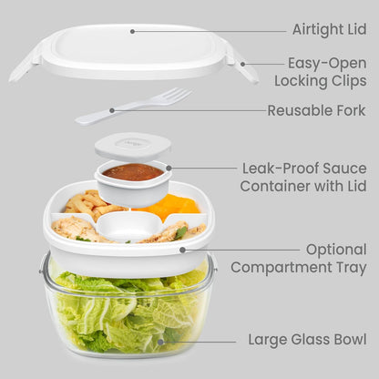 Bentgo Glass Prints Salad Container - 7.6-Cup Tinted Glass Salad Bowl with Airtight Lid, Leak-Proof Sauce Container, 4-Compartment Bento Meal Prep Tray & Reusable Fork (Floral Maximalist - Sea)