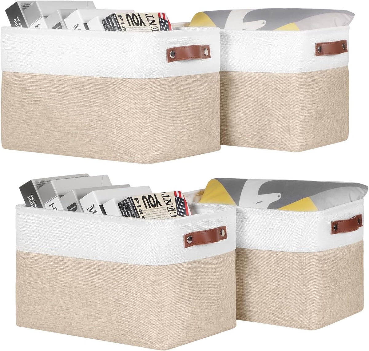 Univivi 4PC Small Fabric Storage Bins,15x6x5 inch Long Narrow Storage Baskets with PU Handles for Closet,Cabinet,Countertop Organizing Small Items (Gray,15x6x5 inch)