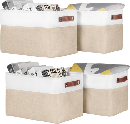Univivi 4PC Small Fabric Storage Bins,15x6x5 inch Long Narrow Storage Baskets with PU Handles for Closet,Cabinet,Countertop Organizing Small Items (Gray,15x6x5 inch)