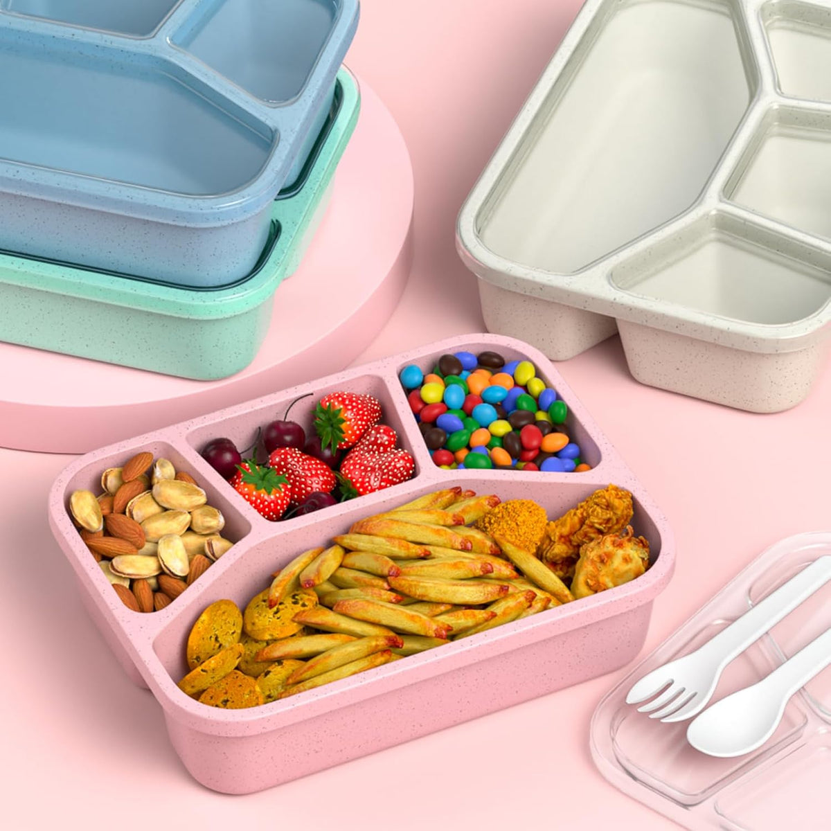 Bento Box Adult Lunch Box (4 Pack), 4-Compartment Meal Prep Container for Kids, Reusable Food Storage Containers with Transparent Lids, No BPA, Microwaveable (Wheat (Green/Blue/Pink/Beige))
