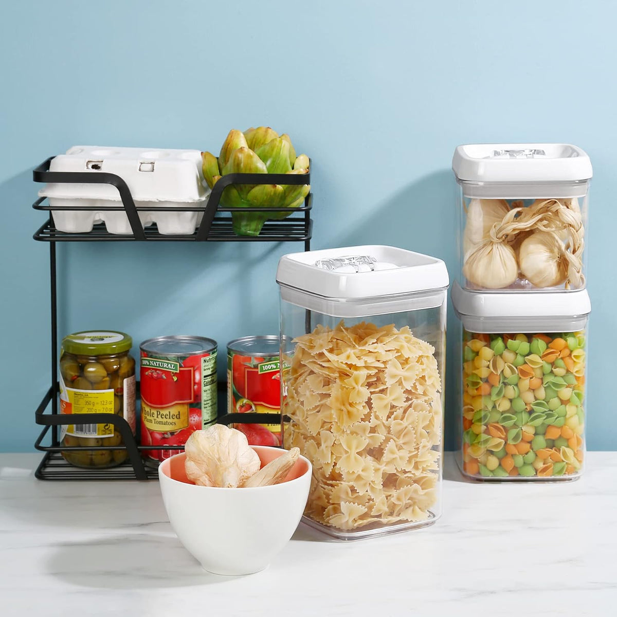 Felli Flip Tite Storage Container with Built-In Spoon & Airtight Lid 5” Large-M Ring Flip Top, Stackable Acrylic Canister for Sugar Flour Powder, Kitchen Pantry Organizer (1.8qt), 2 spoons