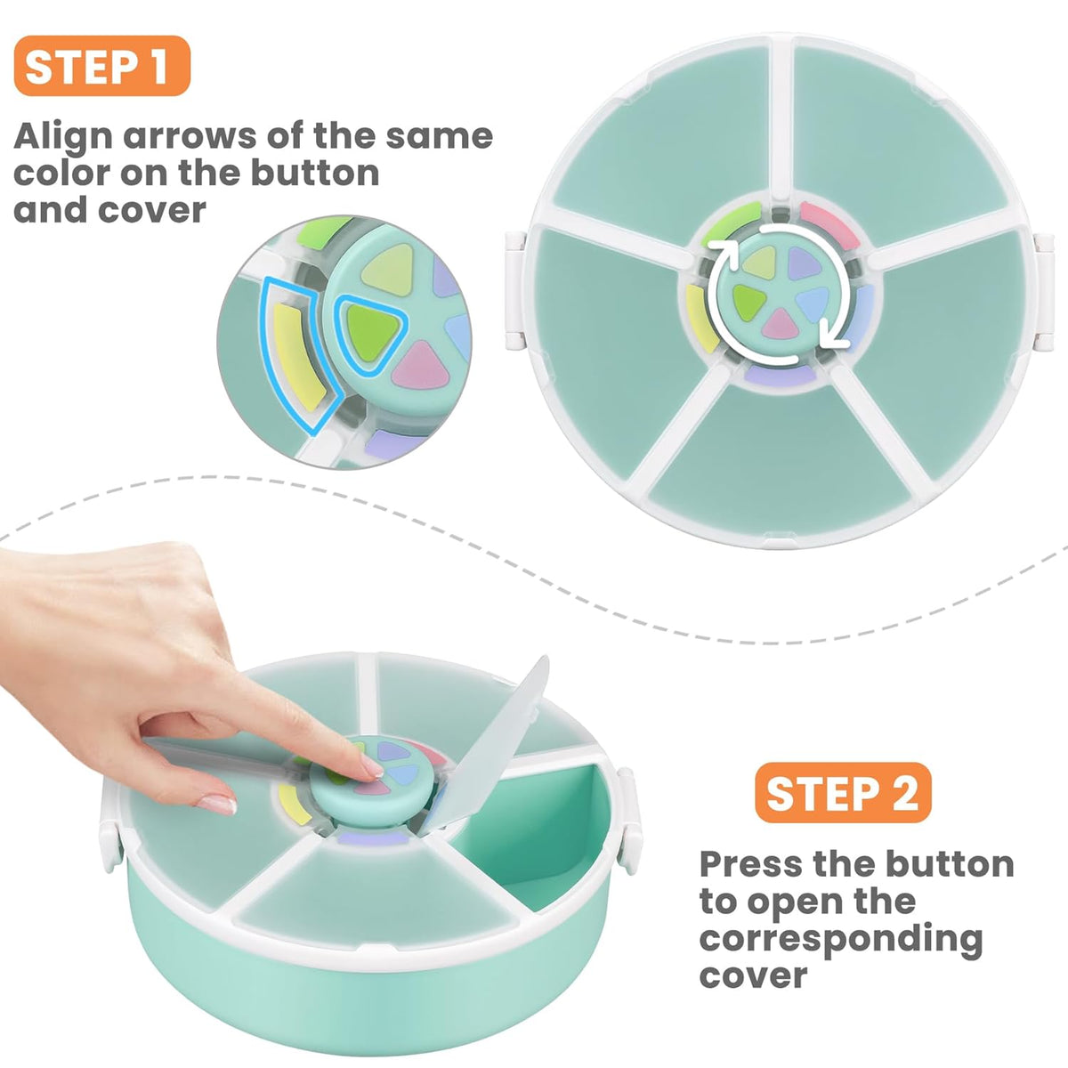 Pawtong Snack Rotator Container Reusable Snack Box with 5 Compartment Dispenser and Lid, Color Matching Opening Lid, BPA and PVC Free, for Home, School, Travel (Purple)