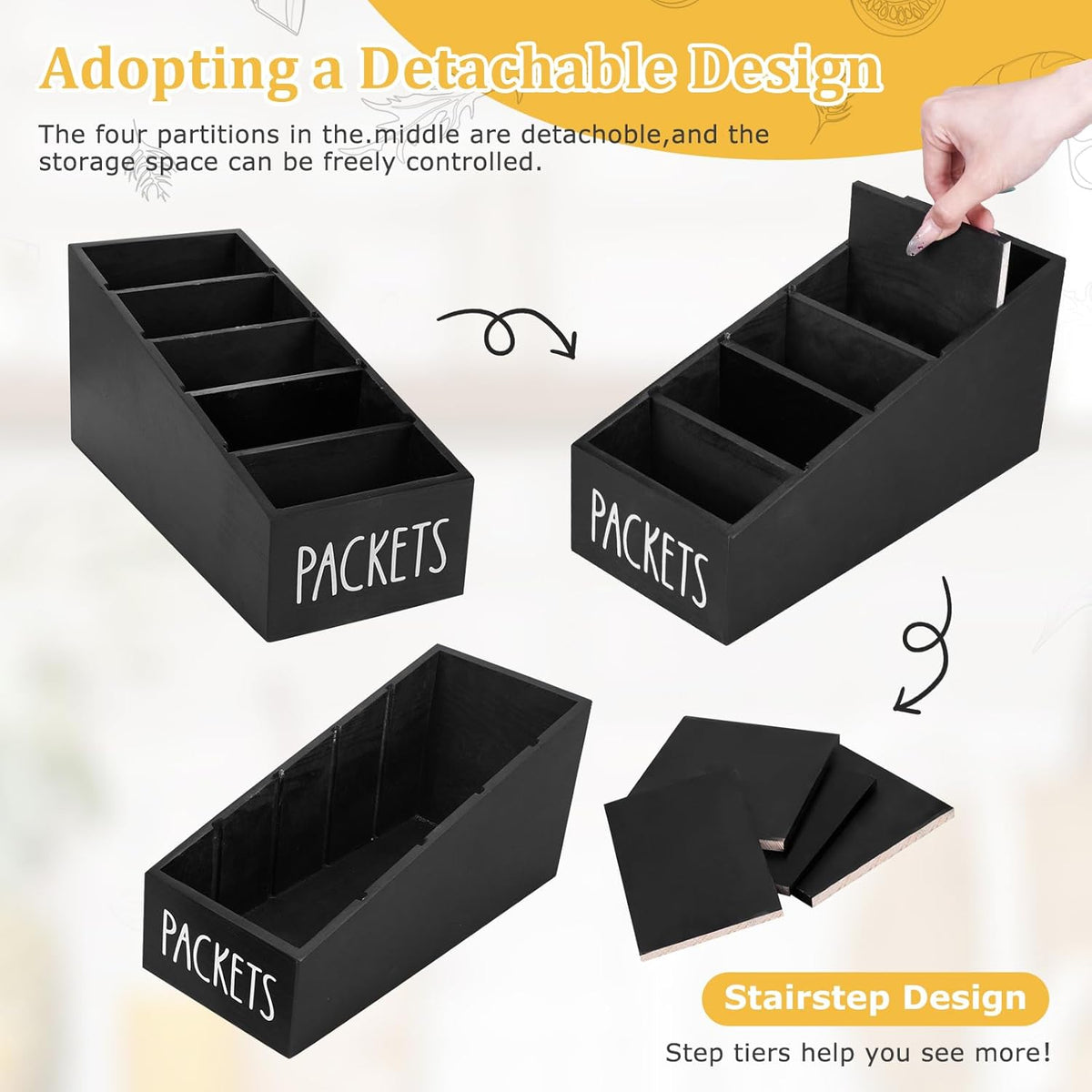 5-Section Large Capacity Seasoning Packet Organizer with Removable Dividers,Wooden Black Snack Organizer,for Kitchen Pantry Cabinet, Farmhouse Kitchen Organization Bin for Spice Packets Storage Basket