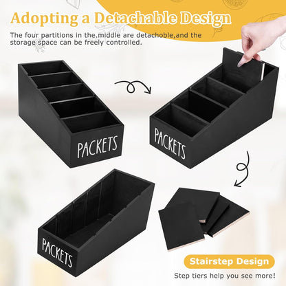 5-Section Large Capacity Seasoning Packet Organizer with Removable Dividers,Wooden Black Snack Organizer,for Kitchen Pantry Cabinet, Farmhouse Kitchen Organization Bin for Spice Packets Storage Basket