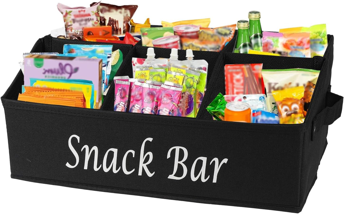 Snack Organizer for Countertop, Trapezoid Fabric Snack Bin Holder with Side Handles, 6 Compartment Snack Basket Container, Lightweight Snack Bar Station Organizer, Kitchen Pantry Storage-Black
