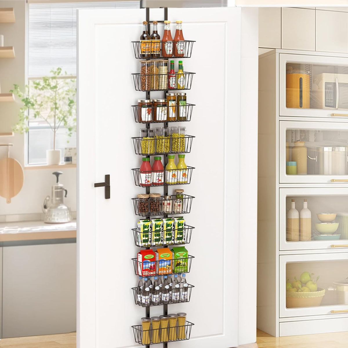 10 Tier Over the Door Pantry Organizer, Over the Door Spice Rack with Adjustable Baskets, Metal Hanging Door Pantry Organizers and Storage for Kitchen Bathroom Bedroom, White