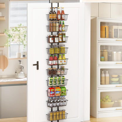 10 Tier Over the Door Pantry Organizer, Over the Door Spice Rack with Adjustable Baskets, Metal Hanging Door Pantry Organizers and Storage for Kitchen Bathroom Bedroom, White