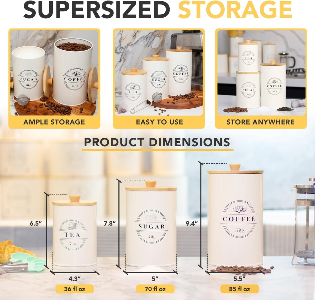 Kito LIVING Canister Sets for Kitchen Counter with Wooden Bamboo Lids, Kitchen Canisters for Countertop, Stackable Steel Farmhouse Canisters for Potato Storage, Onion and Potato Storage Bins - Cream