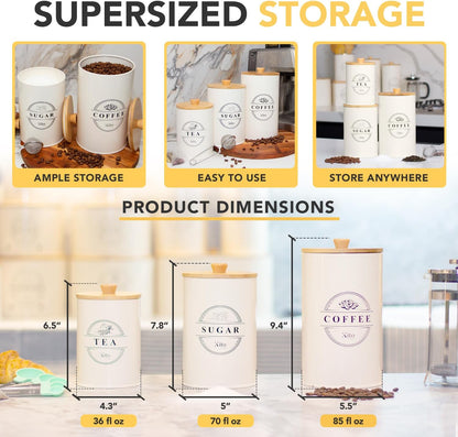 Kito LIVING Canister Sets for Kitchen Counter with Wooden Bamboo Lids, Kitchen Canisters for Countertop, Stackable Steel Farmhouse Canisters for Potato Storage, Onion and Potato Storage Bins - Cream