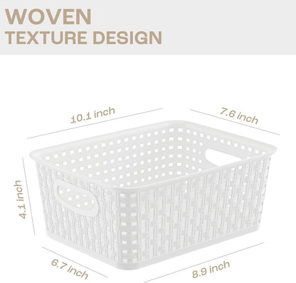 Khaki Stackable Storage Baskets, Plastic Weave Basket Organizer and Storage Set of 12, Pantry Organizing Baskets for Shelves, Kitchens, Bathrooms, Classrooms, Cabinets and Bedrooms