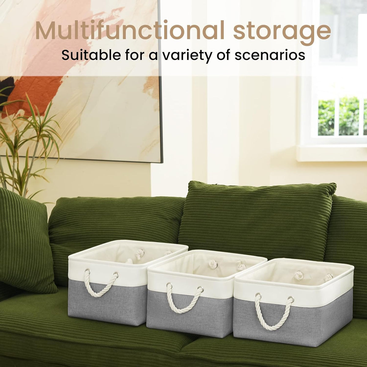 Large Storage Baskets- 15.7x11.8x8.26 inch Storage Bins for Shelves and Closet Organizing, Foldable Fabric Bin for Home Organization Clothes and Laundry (3-Pack, White&Khaki)