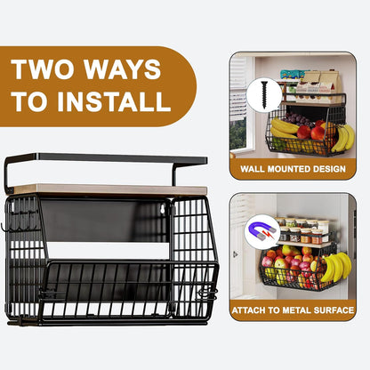 Magnetic Shelf for Fridge,Hanging Wall Basket for Potato Onion Fruit and Vegetable Storage Bins,Large Produce Container Magnetic Spice Rack for Refrigerator Kitchen Counter Pantry,Black