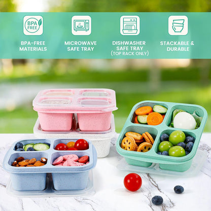 Caperci Lunchable Snack Containers - 4 Pack Bento Snack Boxes with 4-Compartment, 2 Leakproof Dip Cups, Reusable Divided Food Containers for School, Work, Travel (Jewel Brights)