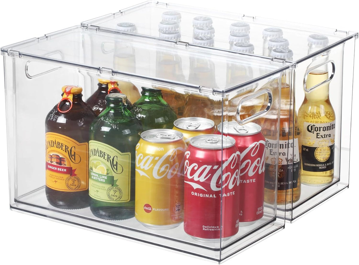 Fridge Drawer Pull Out Stackable Bins, Clear Refrigerator Stackable Organizers, Fridge Organizer Storage for Kitchen, Pantry, Vegetables, Fruits (2 Small + 1 Large)