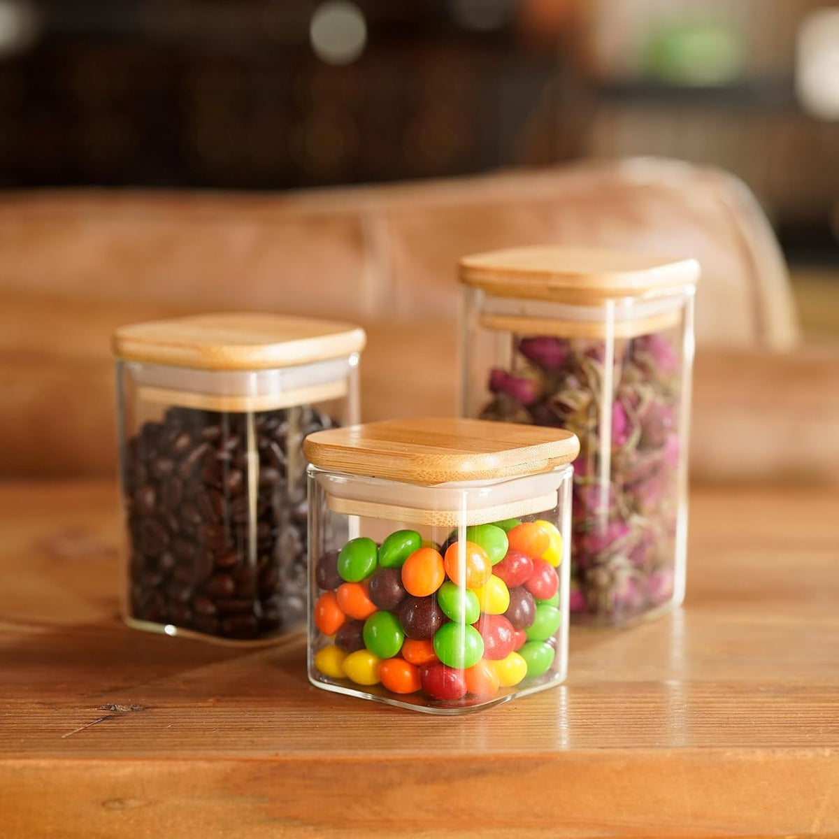 SHOWIN Glass Food Storage Jars Square 37oz, 4 Pack Glass Jars With Bamboo Lids, Kitchen Storage Containers For Spice, Candy, Cookie, Storage For Pantry Organizers