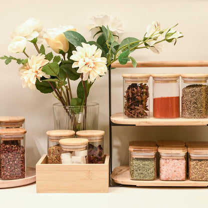 SHOWIN Glass Food Storage Jars Square 37oz, 4 Pack Glass Jars With Bamboo Lids, Kitchen Storage Containers For Spice, Candy, Cookie, Storage For Pantry Organizers