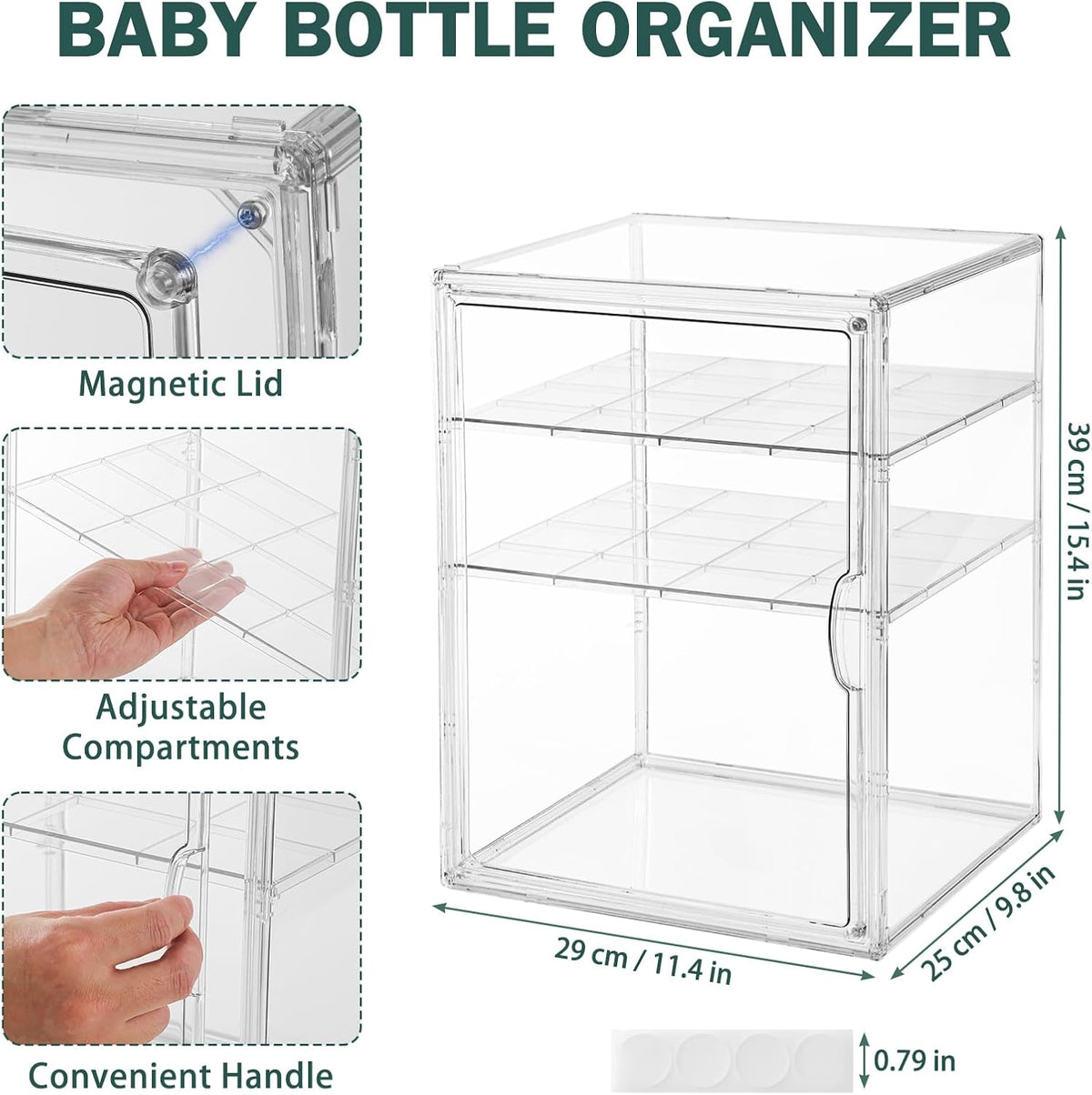 Baby Bottle Organizer, 3-Tier Bottle Storage for Countertop with Double Magnetic Doors, Clear Plastic Bottle Station Organizer Mom Gifts with 2 Dividers for Kitchen, Bathroom, Cabinet, Vanity