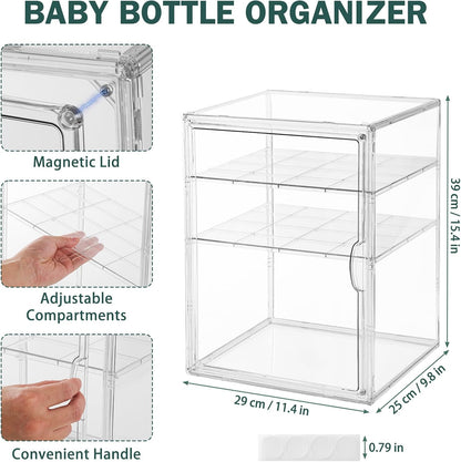 Baby Bottle Organizer, 3-Tier Bottle Storage for Countertop with Double Magnetic Doors, Clear Plastic Bottle Station Organizer Mom Gifts with 2 Dividers for Kitchen, Bathroom, Cabinet, Vanity