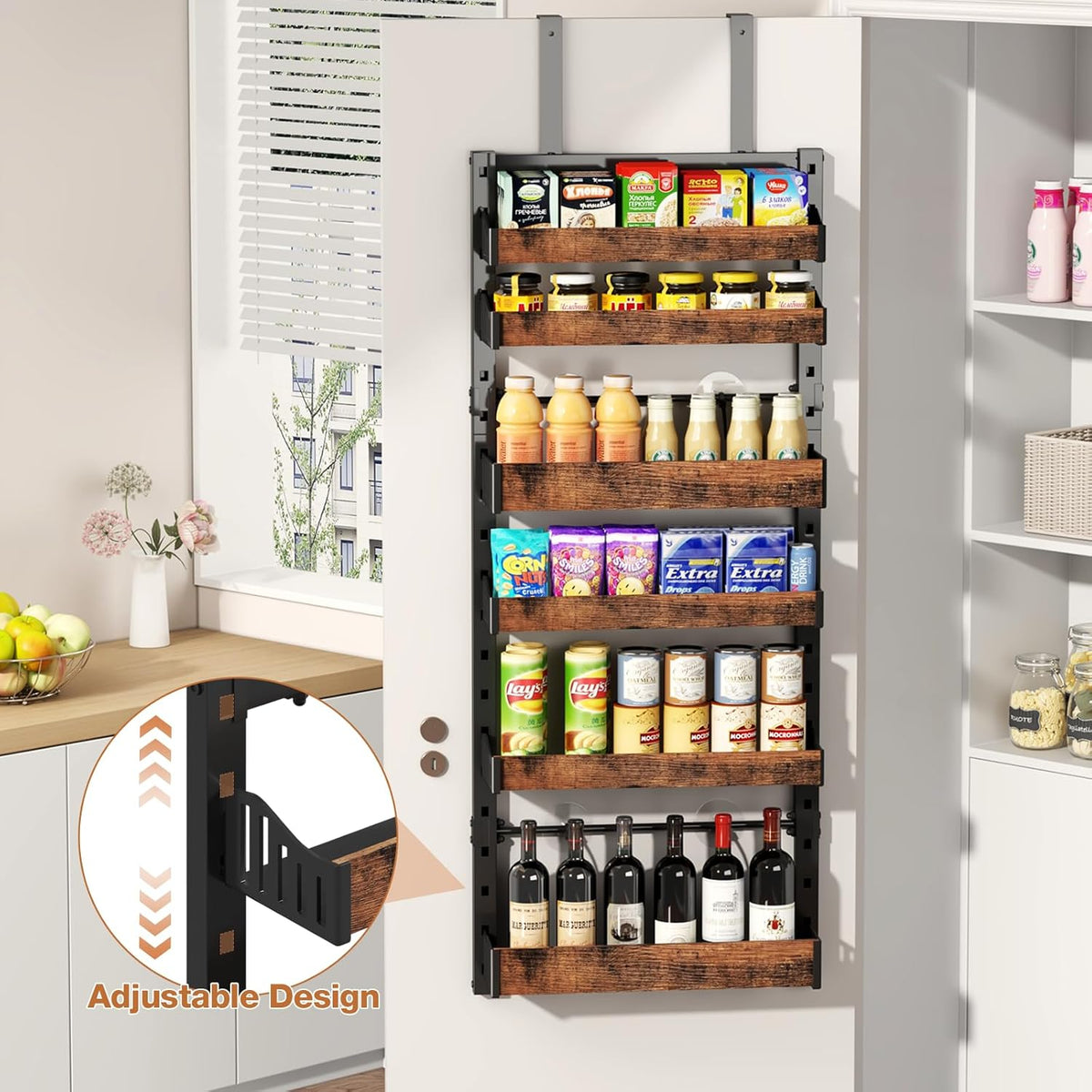 8-Tier Over The Door Pantry Organizer, Heavy-Duty Metal Wall Mount or Hanging Spice Rack, behind the door storage Shelves with Adjustable Basket, Back of Door Organizer for Kitchen Cabinet and Closet