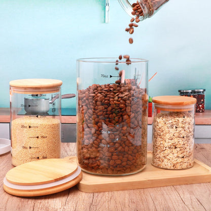 Glass Storage Containers with Lids,Glass Jars with Bamboo Lids, Canisters Set for Pasta, Nuts, Coffee Beans, Kitchen Pantry Organization Jar,Muti Size Set of 3,with Lables and Pen