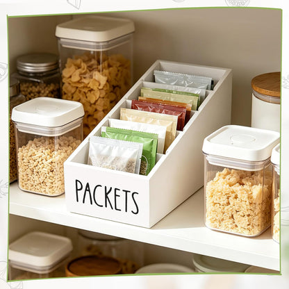 5-Section Large Capacity Seasoning Packet Organizer with Removable Dividers,Wooden Black Snack Organizer,for Kitchen Pantry Cabinet, Farmhouse Kitchen Organization Bin for Spice Packets Storage Basket