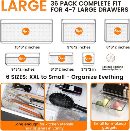 Criusia Large Drawer Organizer Bins | Complete 5 Size Clear Plastic Kitchen Drawer Organizers for Utensils | Bathroom Drawer Organizer Trays | Versatile for Makeup Office Organization