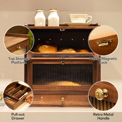 Solid Wood Bread Box for Kitchen Countertop with Drawer, 2-Tier Large Wooden Bread Storage Bin with Cutlery Organizer, Farmhouse Bread Keeper for Homemade Bread, Brown (50 Deli Papers)
