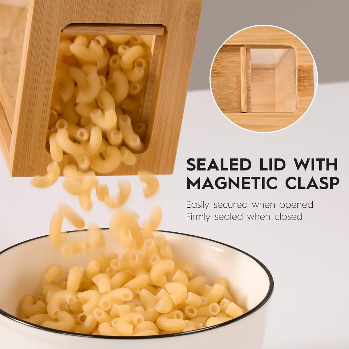 Food Dispenser 2L,2 Pack Easy-to-Clean Bamboo Food Storage Containers Featuring a Removable PVC Door Panel，Cereal Cispensers For Serving Tea,Coffee,Sugar,Candy,Pasta,Spice