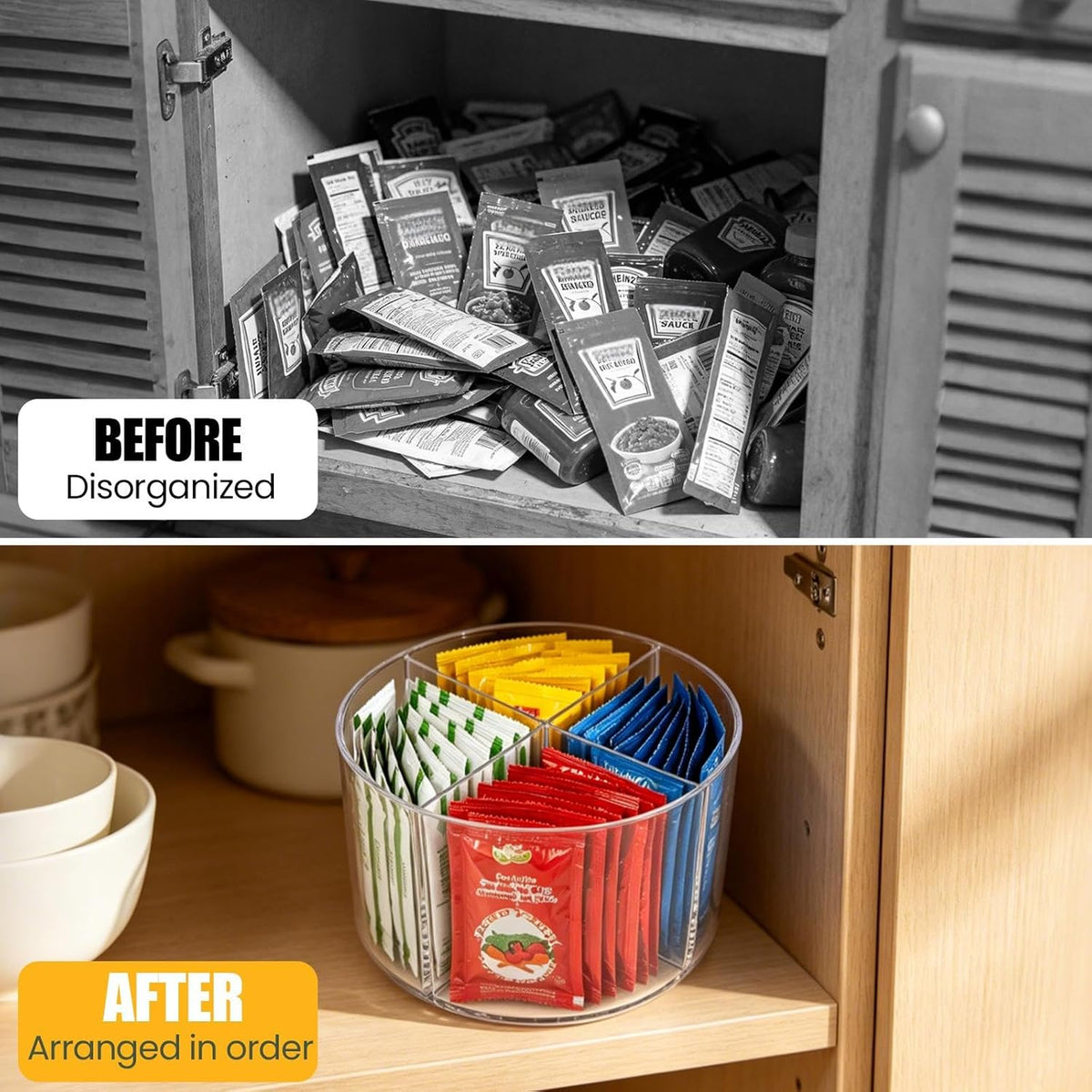 Sauce Packet Organizer with 360° Turntable, for Ketchup Packets,mayo packets,Hot Sauce,Seasoning,Drink Packet, Clear Sauce Packet Holder with Dividers
