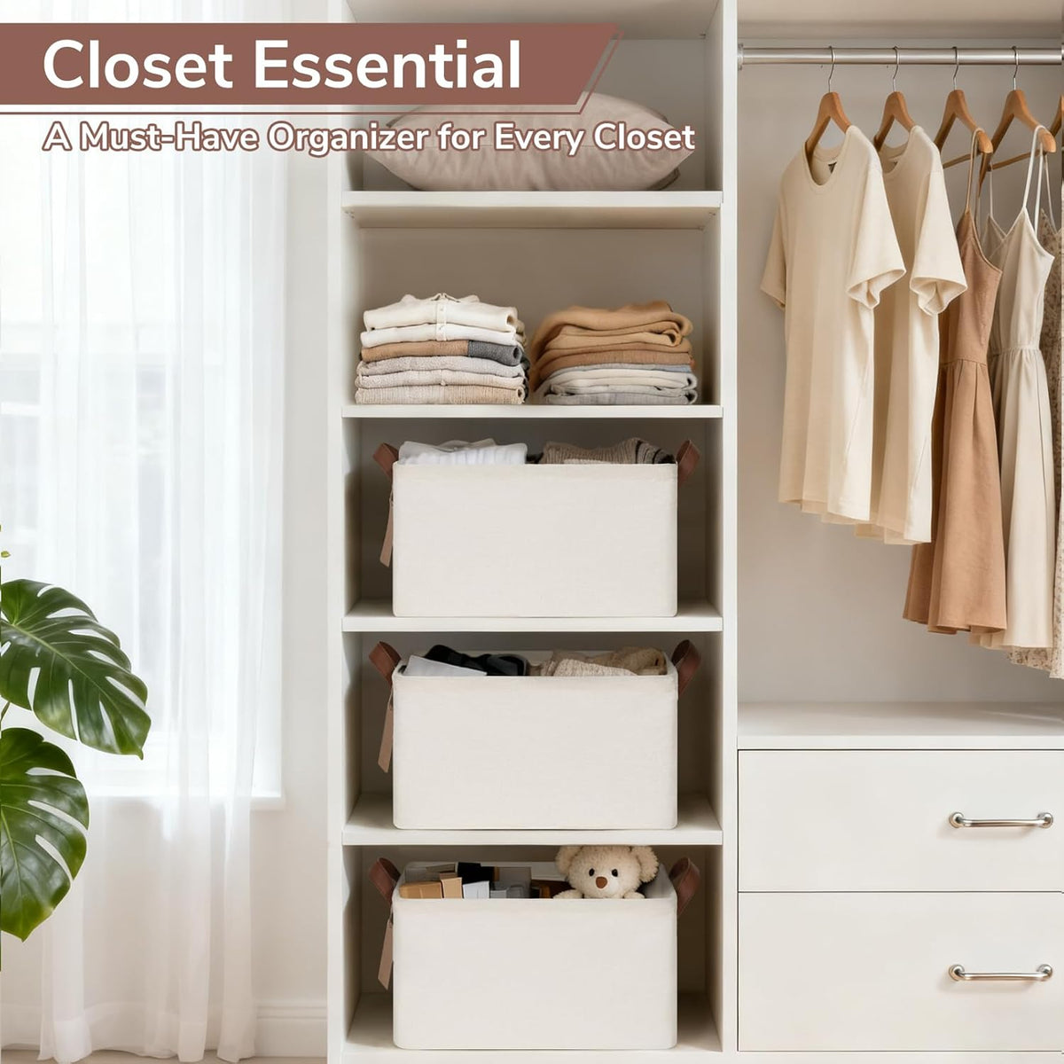 CHICVITA 4 Pack Large Storage Baskets for Shelves, Collapsible Closet Organizer Bins with Metal Frame, Fabric Storage Bins for Clothes Towels Organization, 16.8" x 11" x 9.8", Beige