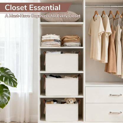 CHICVITA 4 Pack Large Storage Baskets for Shelves, Collapsible Closet Organizer Bins with Metal Frame, Fabric Storage Bins for Clothes Towels Organization, 16.8" x 11" x 9.8", Beige
