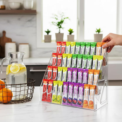 3-Tier Acrylic Drink Packet Organizer with 15 Compartments, Sugar Packets Drink Mix Organizer, Water Flavor Packet Holder for Kitchen Pantry Cabinet Storage,Coffee Station