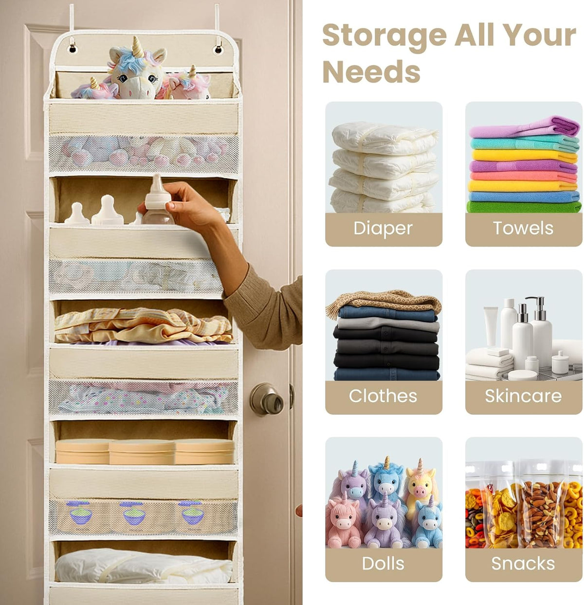Over The Door Organizer with LifetimeWarranty, 4 Shelves & 4 Side Pockets, Large Storage Rack Holds 44lb, Heavy-Duty Reinforced Mesh Shelf for Bathroom, Closet, Toy Organization, Shoes, Towels, Grey