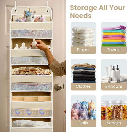 Over The Door Organizer with LifetimeWarranty, 4 Shelves & 4 Side Pockets, Large Storage Rack Holds 44lb, Heavy-Duty Reinforced Mesh Shelf for Bathroom, Closet, Toy Organization, Shoes, Towels, Grey