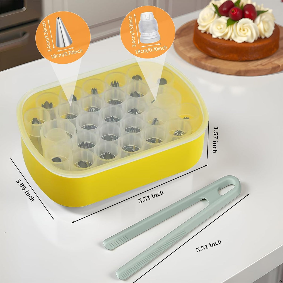 Cake Decorating Supplies Set - 27 Grids Storage Box with 25 Stainless Steel Piping Tips, 2 Adapters & Silicone Mini Tongs | Complete Baking Nozzle Organizer Kit