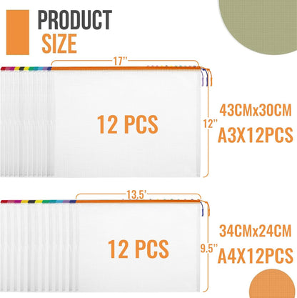 YOPCDJ 24pcs Mesh Zipper Pouch File Bags Puzzle Storage Bags, A3 17x12 Inches Large Reusable Zipper Pouches for Organizing Classroom Board Game Organization