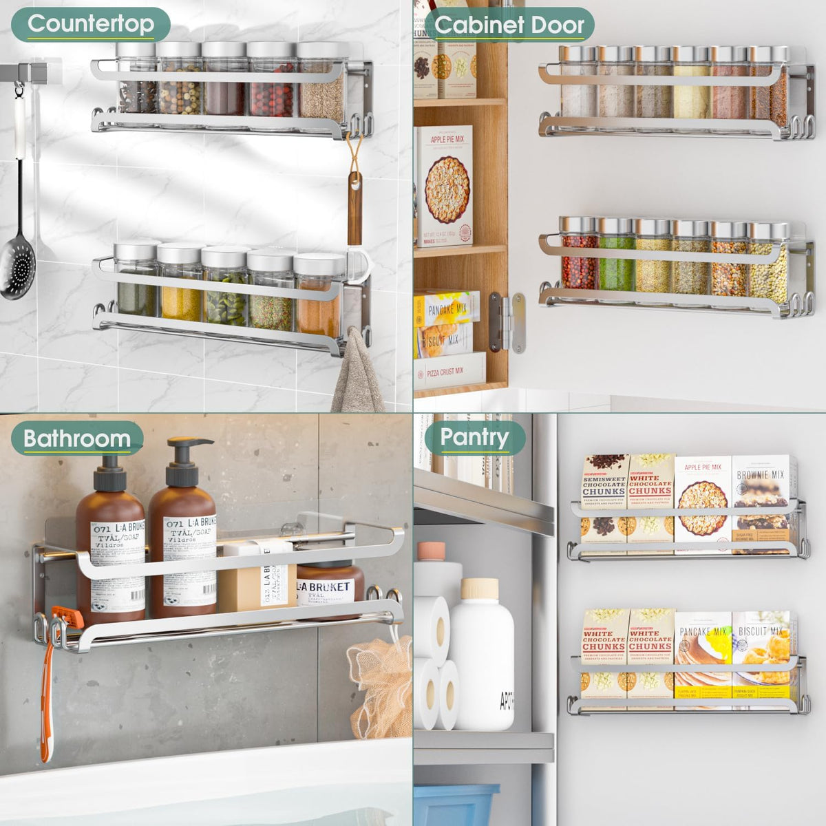 LUCYCAZ Wall Mounted Spice Rack with 8 Hooks, Spice Organizer Shelf for Stove Cabinet Pantry Door,Screw or Adhesive Spice Shelf Hanging Wall Spice Rack in Kitchen and RV (Black)