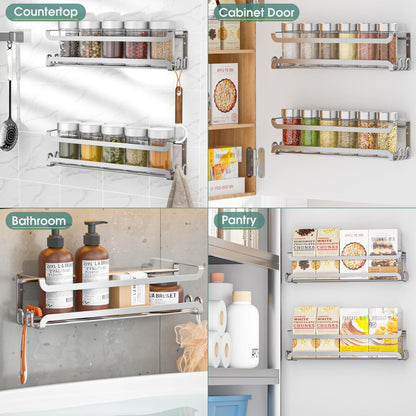 LUCYCAZ Wall Mounted Spice Rack with 8 Hooks, Spice Organizer Shelf for Stove Cabinet Pantry Door,Screw or Adhesive Spice Shelf Hanging Wall Spice Rack in Kitchen and RV (Black)