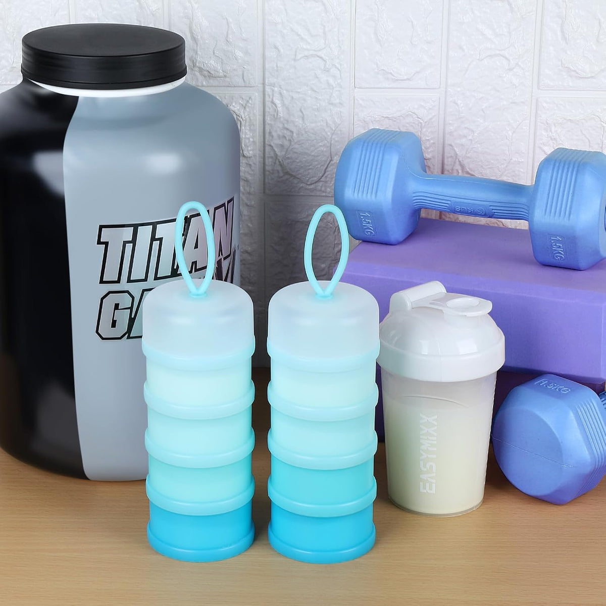 Accmor Protein Powder Container to Go with Funnels Stand, 4 Compartments Stackable Protein Powder Dispenser for Workout, Fitness, Travel