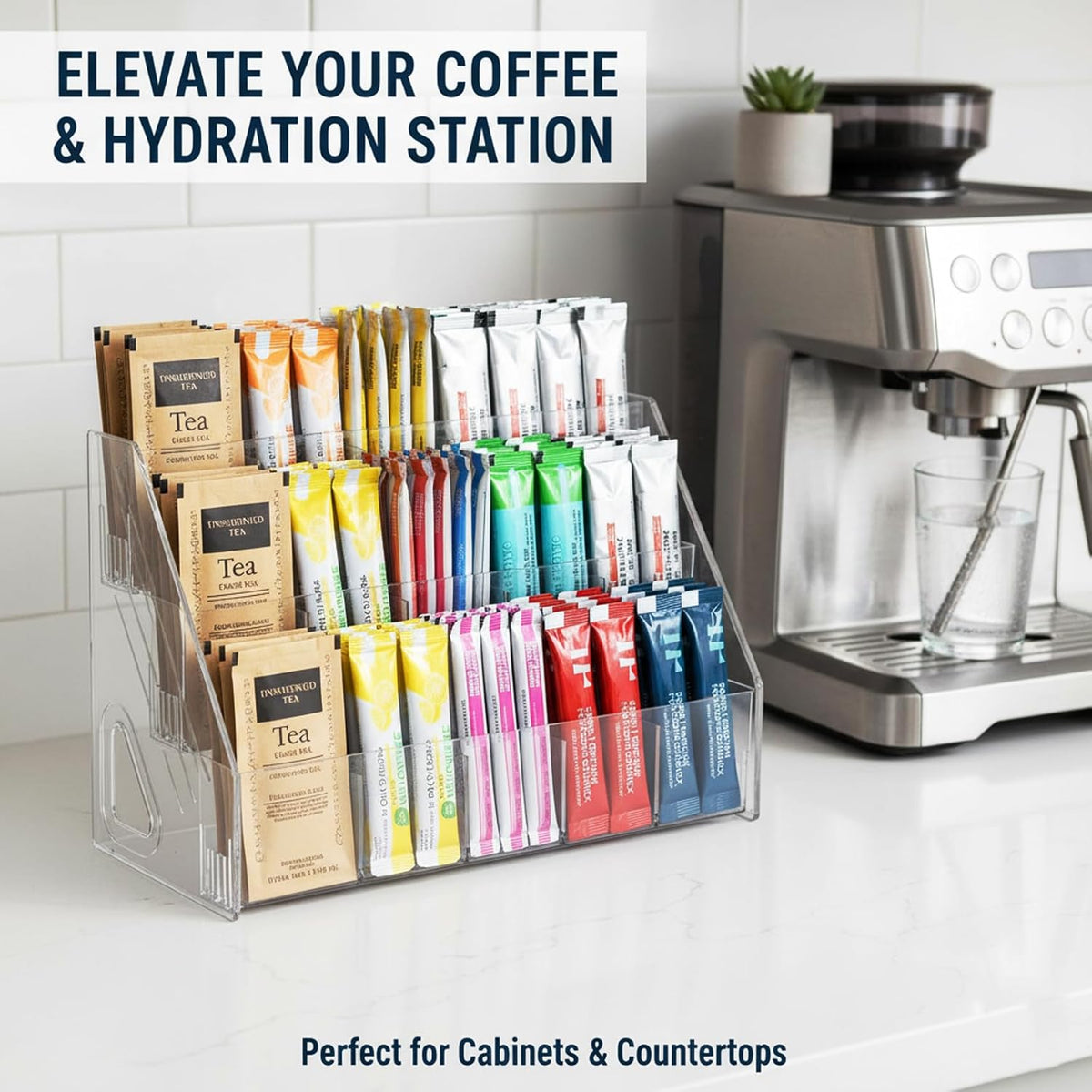 3-Tier Acrylic Drink Packet Organizer with 15 Compartments, Sugar Packets Drink Mix Organizer, Water Flavor Packet Holder for Kitchen Pantry Cabinet Storage,Coffee Station