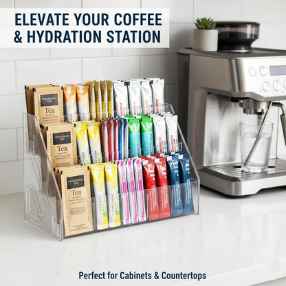 3-Tier Acrylic Drink Packet Organizer with 15 Compartments, Sugar Packets Drink Mix Organizer, Water Flavor Packet Holder for Kitchen Pantry Cabinet Storage,Coffee Station