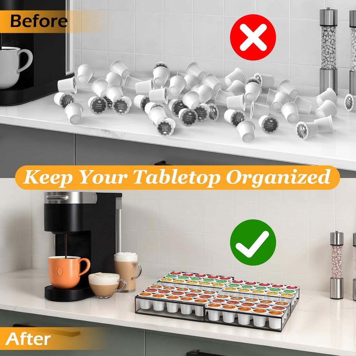 Coffee Pod Holder Drawer, Expandable K Cup Holder Compatible with Keurig K-Cup, K Cup Drawer Organizer Hold 30-60 Coffee Pod Storage for Coffee Station Office and Kitchen, Black