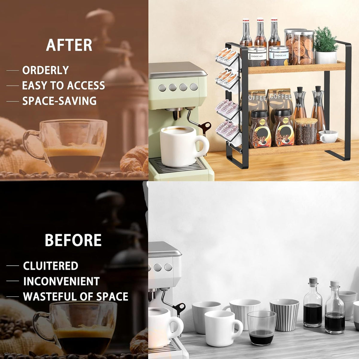 LEMIKKLE 2-Tier Coffee Bar Organizer With Basket,Wooden Counter Shelf for Coffee Bar Accessories,Kitchen Spice Rack Organizer for Countertop-Brown