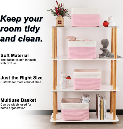 4 Pack Storage Baskets for Organizing, Woven Baskets for Shelves - Perfect for Toys, Books, Towels, and Clothes, Durable Gift Basket Bins Toy Storage, 12.7''Lx9''Wx7.8''H, Brown & White