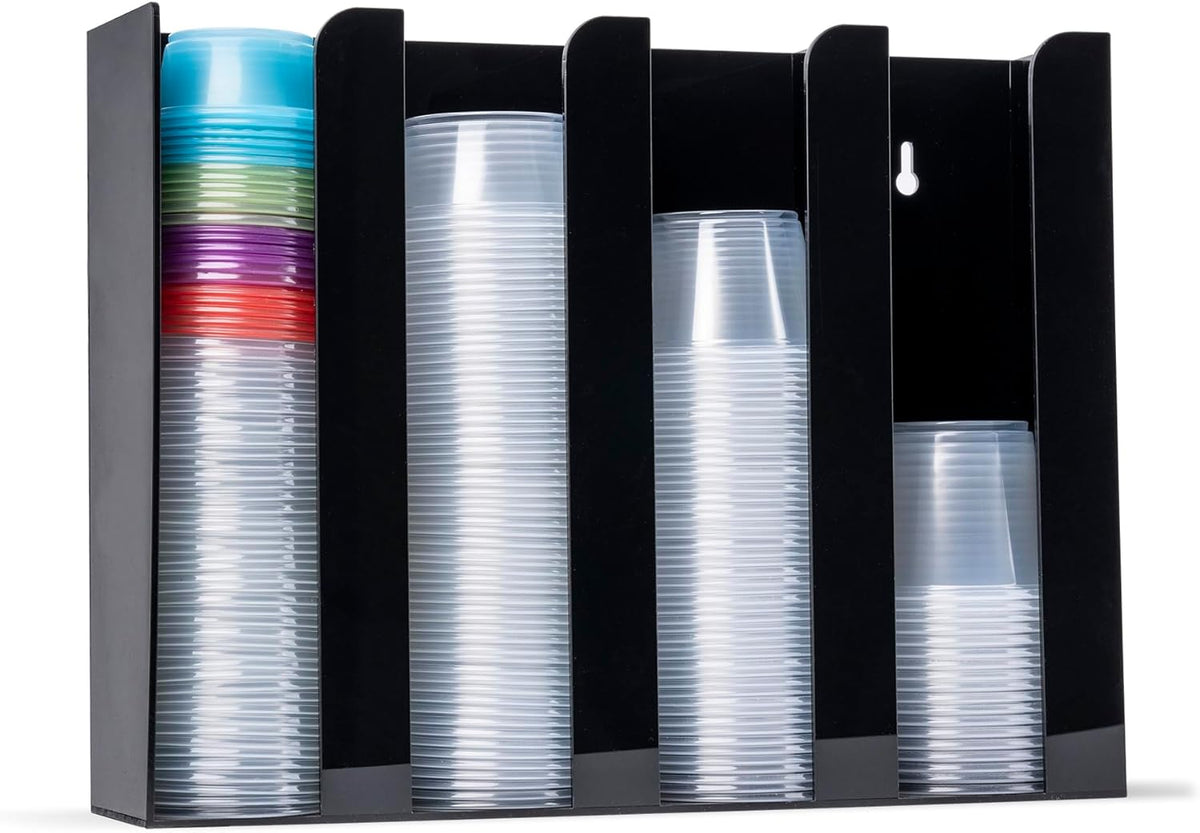 Inevibe Portion Cup and Lid Holder - 4 Compartment Acrylic Organizer for Condiment & Sauce Cups, Fits Cups 2 oz to 5.5 oz in Size, Use Dispenser on Countertop or Wall Mount